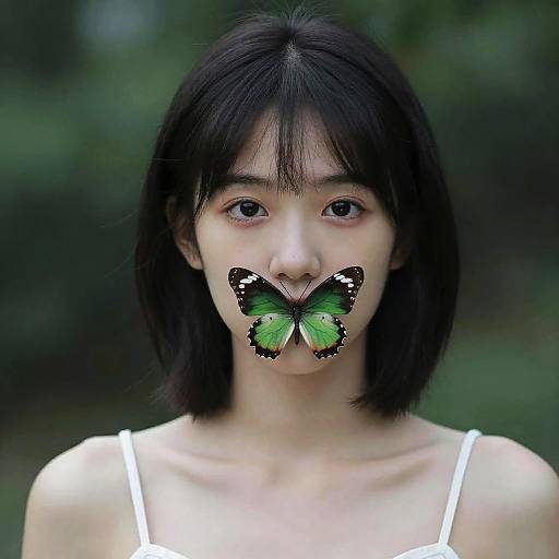 Photograph of an Asian woman with short black hair, wearing a white strap top, with a green and black butterfly on her face. Blurred green