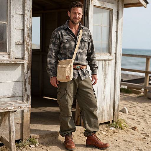 Photograph of a bearded man in a plaid shirt, green cargo pants, and brown boots, standing outside a weathered wooden beach shack with