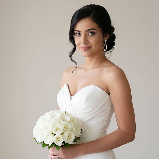 Photograph of a beautiful South Asian bride with dark hair in an updo, wearing a strapless white dress, holding a bouquet of white roses,
