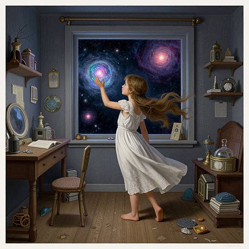 Photograph-style digital art of a barefoot girl in a white dress, reaching towards a cosmic galaxy through a window, surrounded by vintage furniture and scattered