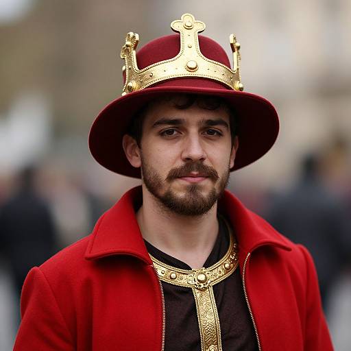 Photograph of a bearded man with brown eyes wearing a red velvet crown, gold accents, red coat, and black shirt, standing outdoors with a