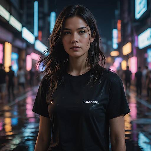 Young Woman in Cyberpunk Neon Street