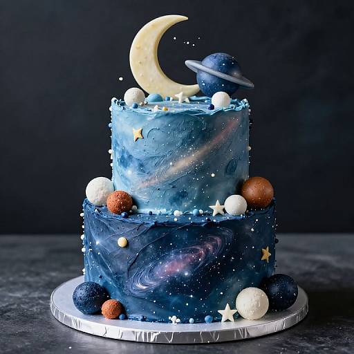Photograph of a two-tiered blue galaxy cake with star, moon, and planet decorations, white and orange spheres, and a crescent moon to