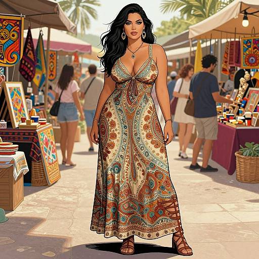 Digital illustration of a curvy woman with long black hair, wearing a colorful, patterned, bohemian-style dress, standing confidently in a vibrant