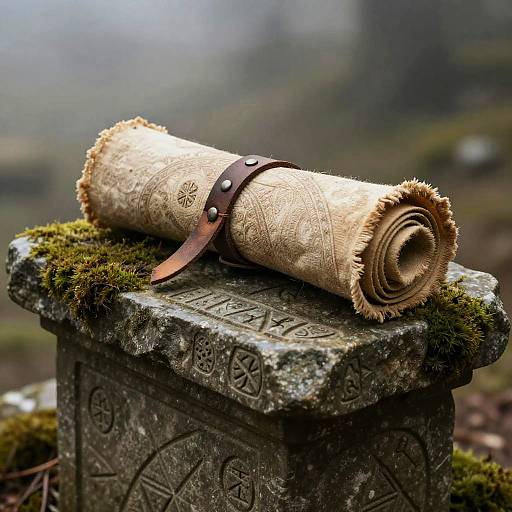 Ancient Scroll on Mossy Stone Altar