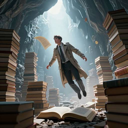 Digital illustration: A man in a beige trench coat and black tie, floating mid-air, surrounded by towering stacks of books, with an open book beneath