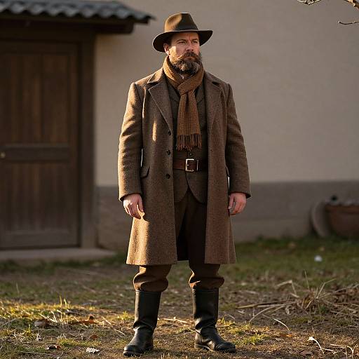 Photograph of a bearded man in brown 19th-century Western attire, including long coat, hat, scarf, and boots, standing in front