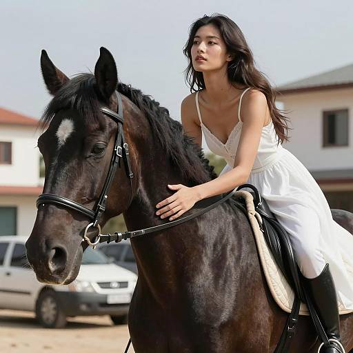 Elegant Woman Riding a Black Horse