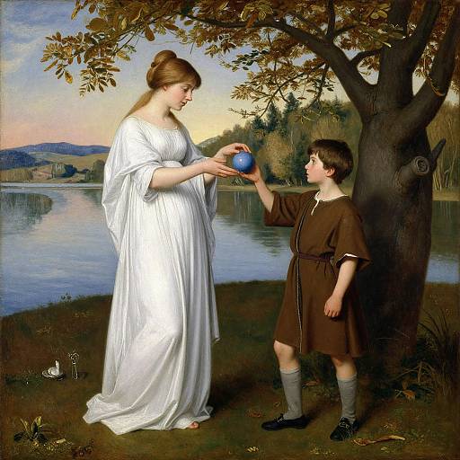 Painting of a serene lakeside scene: a woman in a white dress hands a blue orb to a young boy in brown tunic.