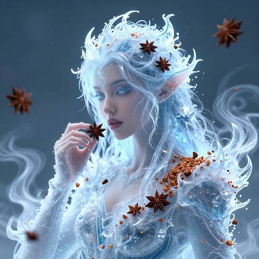 Digital art of a glowing, ethereal elf with blue-tinted white hair, elf ears, and blue eyes, adorned with star anise and