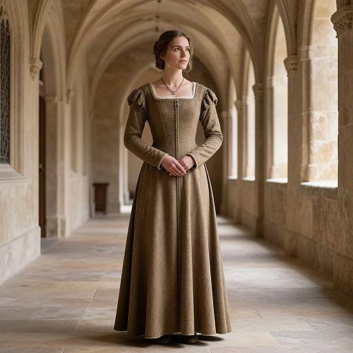 Photograph of a solemn woman in a medieval-style, long, brown gown with square neckline and puffed sleeves, standing in a sunlit, ar