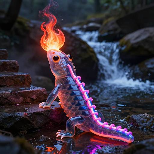 Glowing, fire-headed, neon-spiked lizard sculpture by a dark, rocky waterfall, illuminated with vibrant pink, purple, and blue lights.