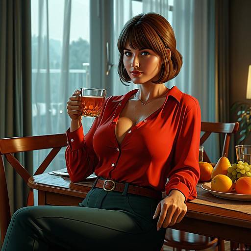 Digital illustration of a beautiful woman with short brown hair, red blouse, and black pants, holding a glass of orange juice, seated at a wooden table