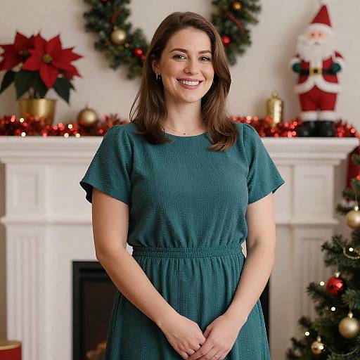 Smiling Woman in Teal Dress by Fireplace