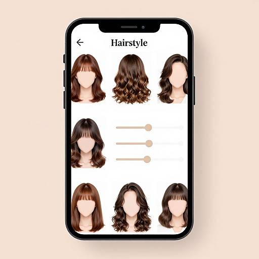 Photograph of a smartphone screen displaying eight faceless, stylized female hair portraits with varied hairstyles, labeled 