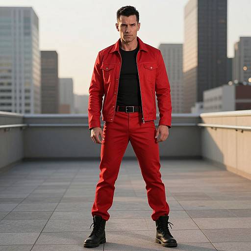 Photograph of a muscular man with short black hair, wearing a red jacket, black shirt, red pants, and black boots, standing confidently on a