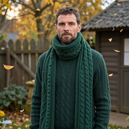 Photograph of a bearded man with short brown hair, wearing a green cable-knit sweater and matching scarf, standing outdoors in autumn with falling leaves