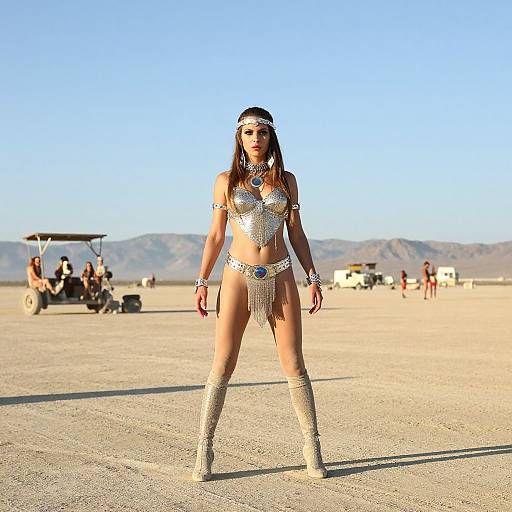 Photograph of a woman with long brown hair, wearing a silver beaded bikini, headpiece, and ankle cuffs, standing confidently in a desert with