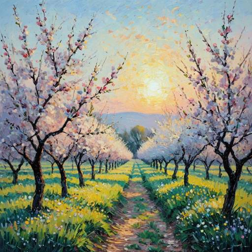 Impressionist Dawn in a Blossoming Orchard Impressionist Dawn in a Blossoming Orchard