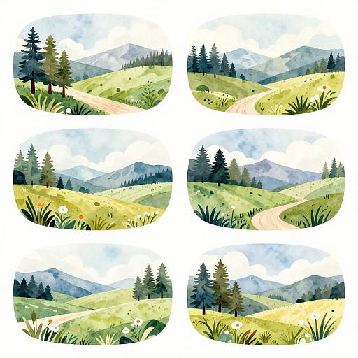 Watercolor illustration of six circular mountain landscapes, each featuring winding paths, grassy hills, pine trees, and varying mountain shades, set against a white