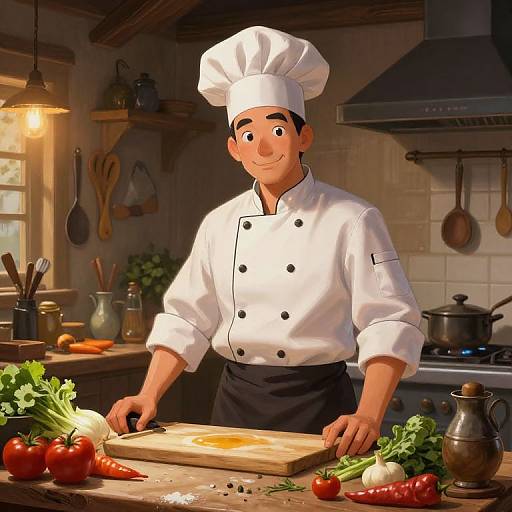 Digital illustration of a smiling male chef in a white double-breasted uniform, black apron, and tall hat, chopping vegetables in a warmly lit,