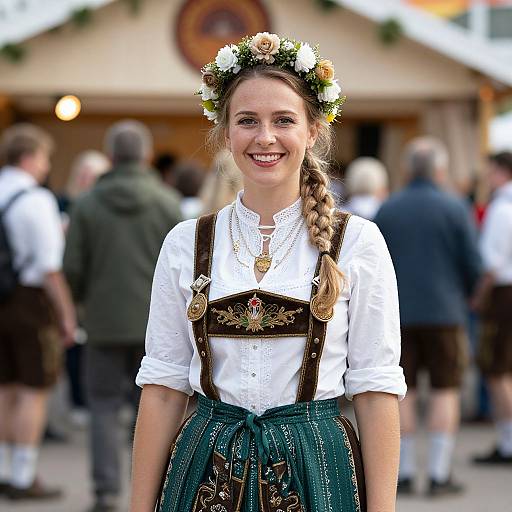 Photograph of a smiling young woman with a braided ponytail, wearing a floral crown, white blouse, and traditional Bavarian dirndl dress,