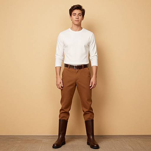 Photograph of a young man with short dark hair, wearing a white long-sleeve shirt, brown pants, black belt, and brown boots,
