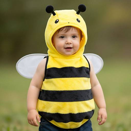 Photograph of a cute baby wearing a yellow and black striped bee costume with antennae and white wings, standing outdoors.