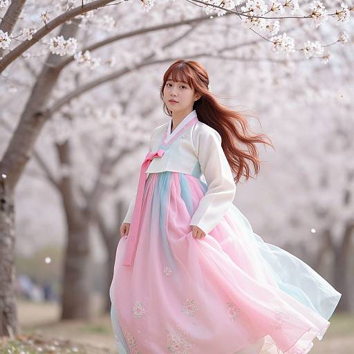 Photograph of an Asian woman with long brown hair in a white and pastel pink-blue traditional hanbok, standing in a cherry blossom garden,
