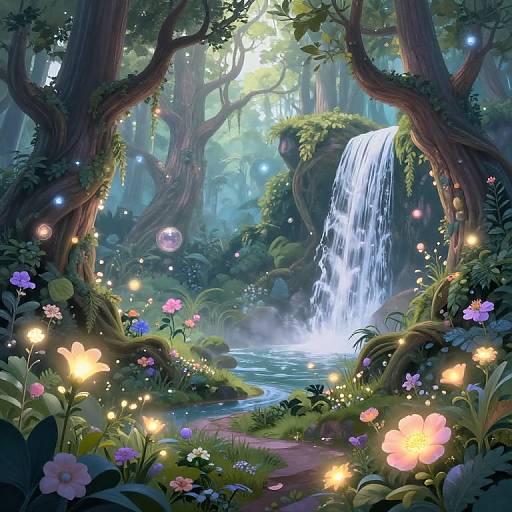 Whimsical digital fantasy forest scene with glowing fireflies, vibrant flowers, cascading waterfall, enchanted trees, and misty sunlight filtering through.
