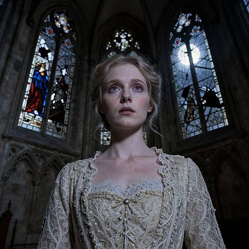 Photograph of a pale, blonde woman in a detailed, lace, cream-colored dress, standing in a dimly lit, gothic cathedral with stained