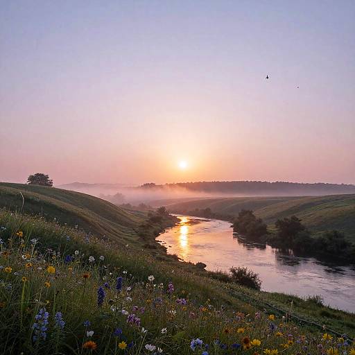 Serene Dawn Landscape with Wildflowers