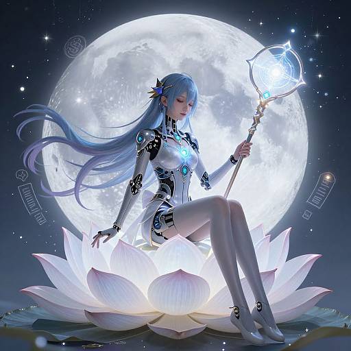 Digital artwork of a blue-haired, ethereal female warrior with glowing eyes, sitting on a white lotus, holding a radiant staff, against a bright