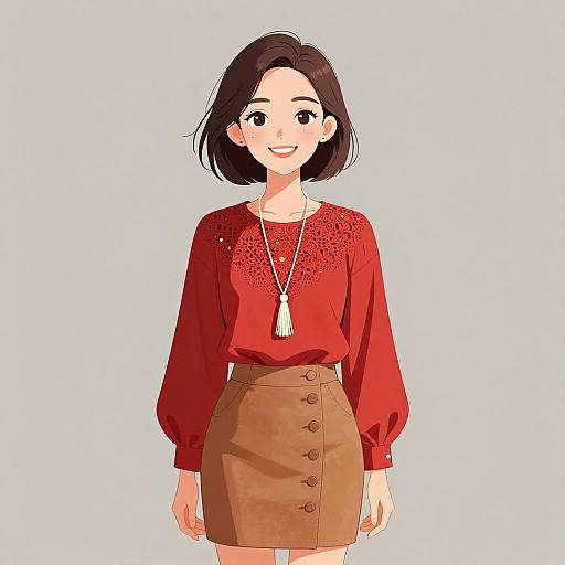 Chic Woman in Crimson Blouse and Suede Skirt
