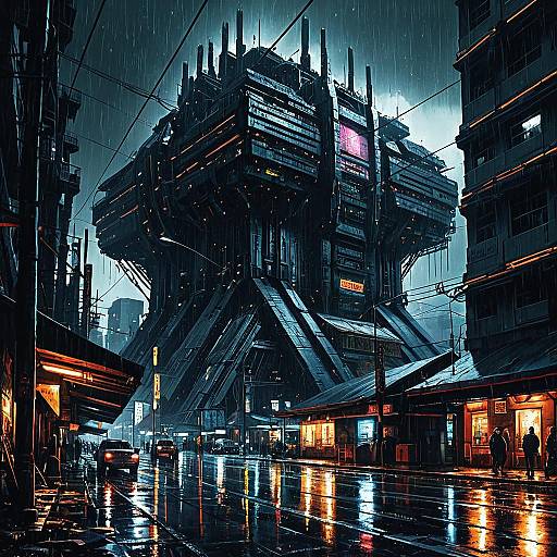 Cyberpunk Megastructure on Rainy Night
