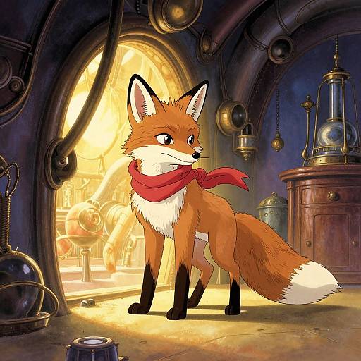 Digital illustration of a curious, orange fox with a red scarf standing in a steampunk laboratory with glowing sunlight, industrial pipes, and scientific equipment.