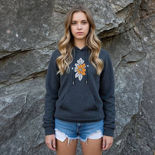 Photograph of a young woman with long, wavy blonde hair, wearing a black hoodie with an orange flower design and frayed denim shorts, standing