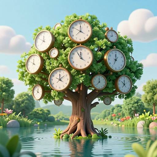 Surreal Cyberpunk Clock Tree Scene