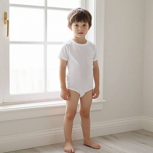 Photograph of a young boy with short brown hair, wearing a white t-shirt and underwear, standing barefoot in front of a bright window in a