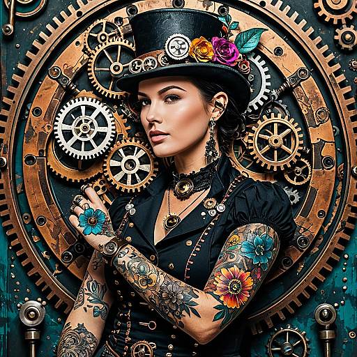 Steampunk Woman with Cogwheel Tattoos
