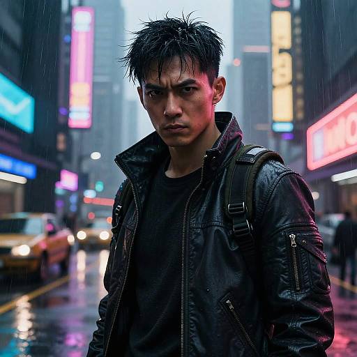 Photograph of a serious, wet-haired Asian man in a black leather jacket standing in a rainy, neon-lit urban street at night.
