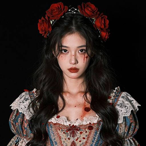 Photograph of an East Asian woman with long black hair, red roses in her hair, blood on her face and dress, wearing a lace-trim
