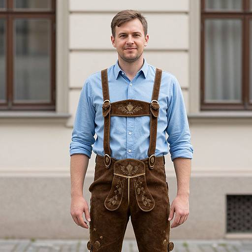 Man in Lederhosen Wearing Blue Shirt