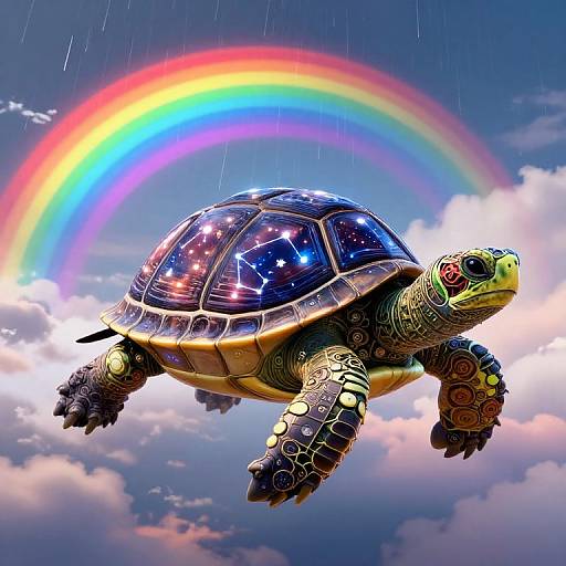 Digital artwork of a starry-eyed turtle soaring through a vibrant rainbow sky with clouds, displaying intricate, ornate patterns on its shell and limbs.