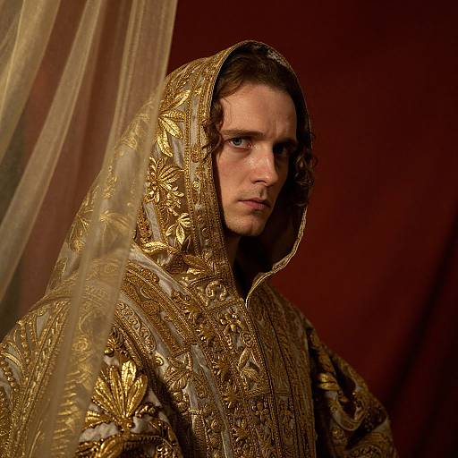 Photograph of a serious-looking man with light skin and brown hair, wearing an ornate, gold embroidered hooded garment with a sheer veil, against