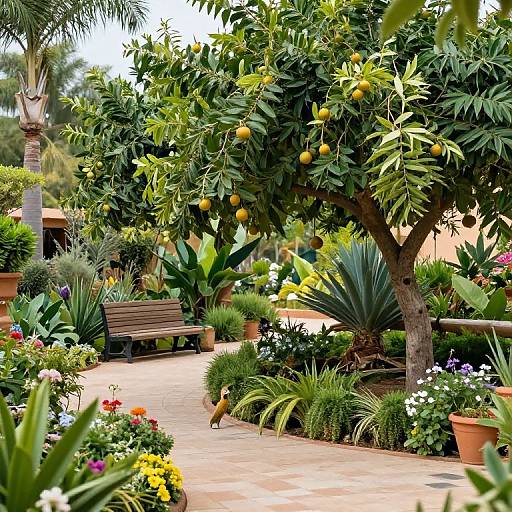 Photograph of a vibrant garden with a lemon tree bearing yellow fruits, wooden bench, colorful flowers, potted plants, and a stone pathway. Sunny