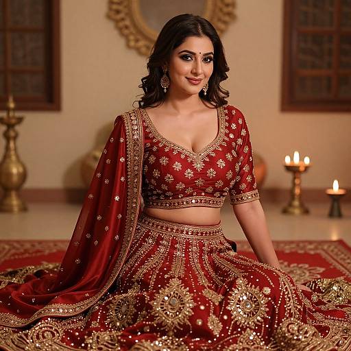 Photograph of a beautiful South Asian woman in a red, gold-embroidered traditional lehenga and choli, seated on a red carpet,