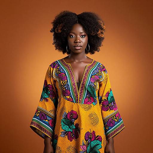Photograph of a dark-skinned woman with natural afro, wearing a vibrant yellow, V-neck, floral-patterned dress against an orange background.