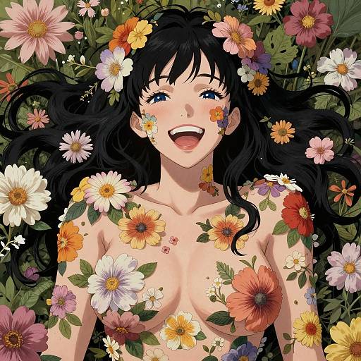 Anime-style digital art of a smiling, topless woman with black hair, adorned with colorful flowers, lying in a lush floral background.