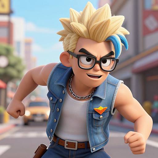 Digital 3D cartoon of a spiky blonde boy with blue streak, black-rimmed glasses, denim vest, white shirt, running confidently on